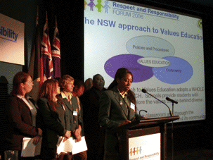 Year 12 Student Leader at Merrylands High School presenting her school's showcase, titled The 3 R's: Respect, Responsibility, Right Choice.