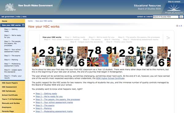 Screen shot of How your HSC works page on Board of Studies website