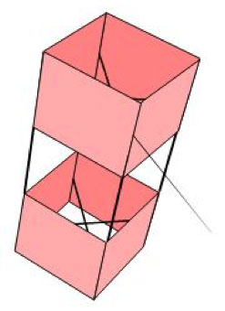 A sketch of a structure that has 4 long sticks forming the edges of a box. There are t sticks, crossed over, near the top and near the bottom of the 4 sticks, keeping them apart. A length of material, about one third of the length of the total structure is wrapped around the 4 sticks at the top of the structure and the same at the bottom of the structure. The 4 sticks are visible in the middle third of the structure.