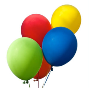 A group of 5 different coloured, inflated, round balloons held together with balloon ribbon.