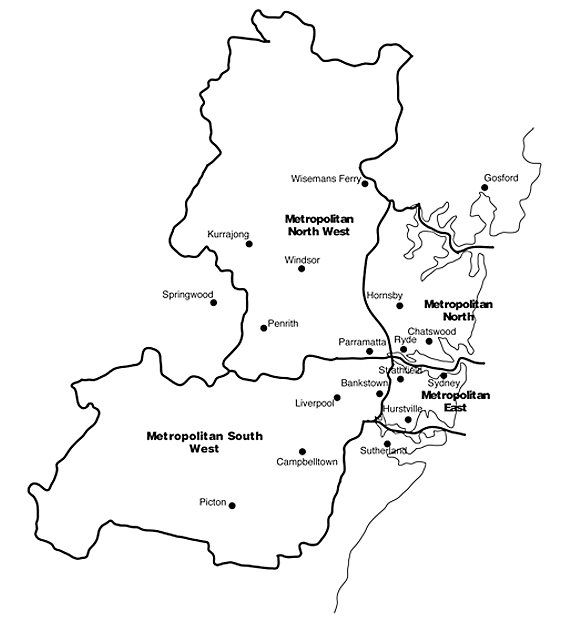 Map of Board of Studies regions in metropolitan Sydney