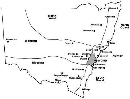 Map of Board of Studies regions in New South Wales
