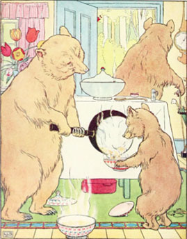 A coloured painting showing 3 bears in a room. There is one large bear in the background looking at a clock. One of the other large bears is pouring warm porridge into a bowl that is held by a baby bear. There is a table in the middle ground which has a table cloth on it and it is set for a meal. There is a large bowl of hot porridge resting on the floor in front of the bears.