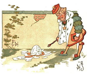 A painting showing a wall with a man dressed as a king bending down, looking at a broken egg on the ground. The egg has a worried face on it and yellow yolk and white oozing out from underneath it.