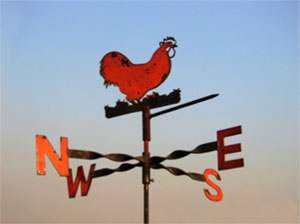 A metal weather vane with a figure of a rooster, cut out of metal and pointers with the letters N, S, E and W pointing in the directions of north, south, east and west.